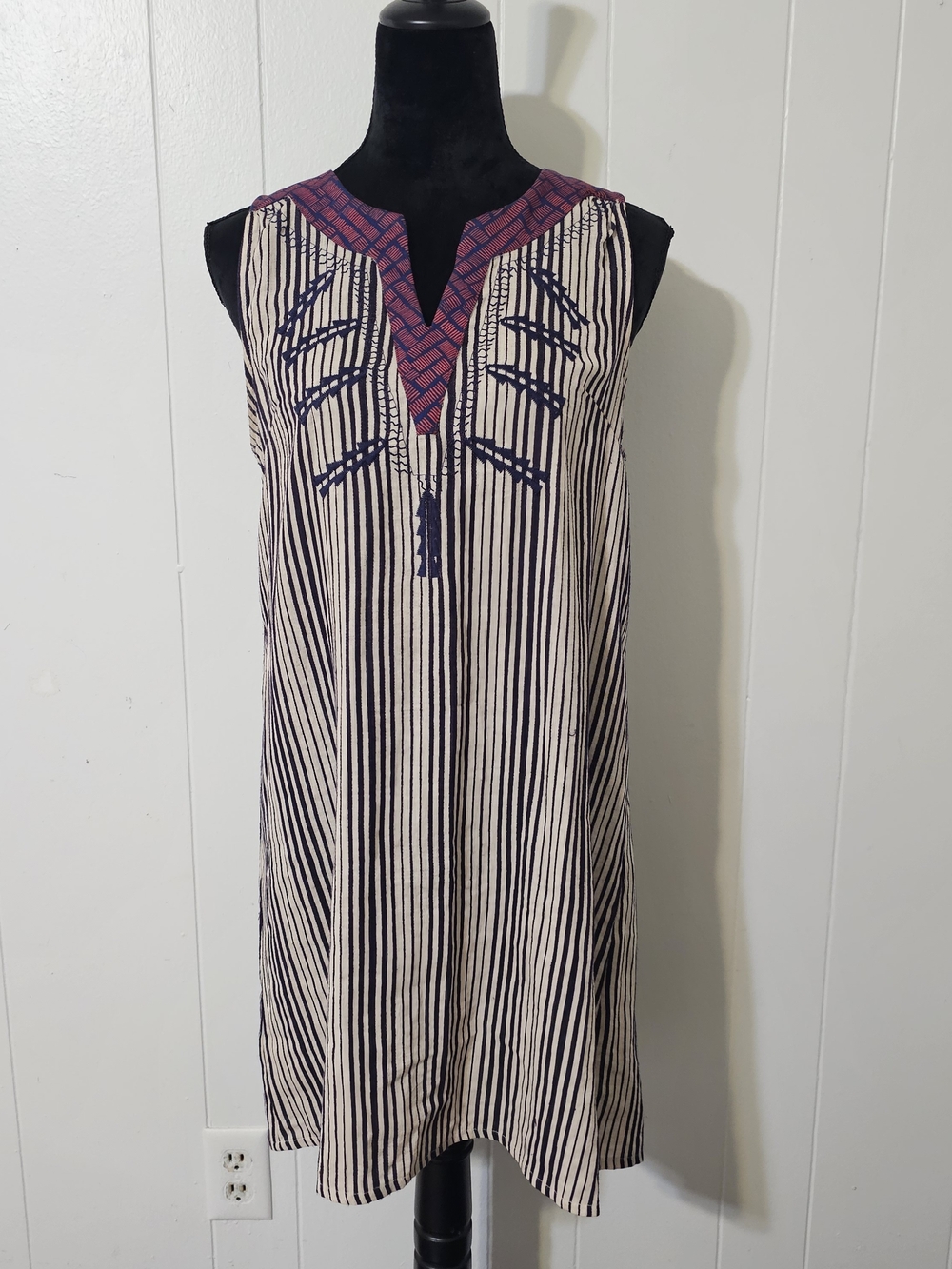 THML Linen Cotton Blend Striped Embroidered Shift Dress Boho Small Sleeveless